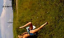 blond-haired amateur in cute bikini shows off outdoors