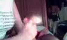 Brunette wife boldly blows and strokes cock like a professional in homemade scene.