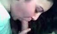 Brunette wife boldly blows and strokes cock like a professional in homemade scene.