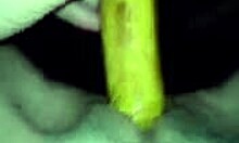 horny amateur goes wild with a banana on camera, close-up of her shaved pussy masturbation.