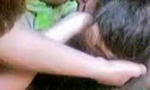 dark-haired amateur playfully sucking hot dick with long hair