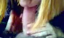 Redheaded minx intriguingly blows big cock in POV car scene on cam.