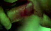 Mature brunette blows small cock intensely, fingering big pussy lips close-up