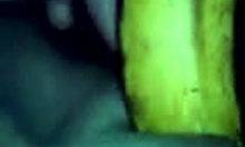 horny amateur goes wild with a banana on camera, close-up of her shaved pussy masturbation.