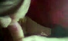 Dark-haired amateur in red sucks uncut cock suggestively.