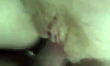 Close-up view of a hairy mature pussy getting pounded hard and deep.