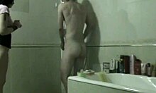 Intense fucking in the bathroom at night, she moans while getting pounded doggystyle.