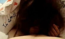 Amateur brunette babe deepthroats tiny cock on bed, swallows cum