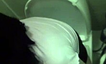 Intense fucking in the bathroom at night, she moans while getting pounded doggystyle.