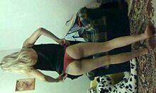 Leggy Blonde Strips Red Panties On Web Chat, Showing Ass