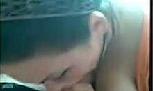 chubby brunette with huge tits slurping on a thick cock