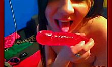 Dark-haired girlfriend titty fucks with toys!