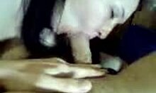 mildly pudgy brunette blowing a big-dicked dude deepthroat