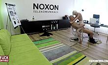 blonde spreading legs on office table for titty fuck!