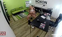 blonde spreading legs on office table for titty fuck!