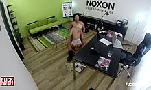 blonde spreading legs on office table for titty fuck!