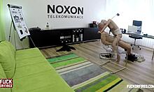 blonde spreading legs on office table for titty fuck!