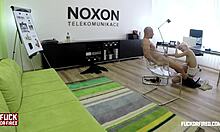 blonde spreading legs on office table for titty fuck!