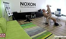 blonde spreading legs on office table for titty fuck!