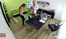 so this hot girl and bald stud are fucking on the office table, she's moaning loud.