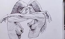 Two Beautiful Sexy Girls Sketch with Ballpoint Pen