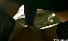 Two oiled lesbian sluts in stockings use dildo and toys for kinky copulation