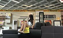 brunette slut kneels for pov blowjob in bathroom