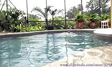 Cute pornstar couple swims in pool then sucks cock POV