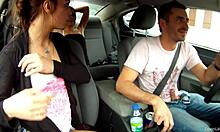 Amateur babes reward the driver orally in the car