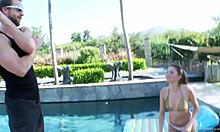 hey cutie, watch this brunette tease and play by the poolside today