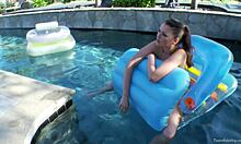 hey cutie, watch this brunette tease and play by the poolside today