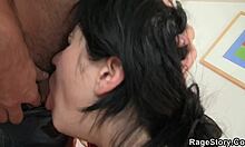 Lingeried brunette gives blowjob then takes doggystyle from her man.