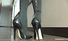 redhead in tight lingerie and high black boots, lookin so damn hot, ya know?