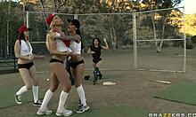 Angelina And Bridgette In Outdoor Threesome With Blowjob And Moaning