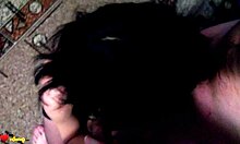 brunette cocksucker pleases two guys in pov, jerking and blowing naked