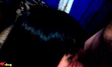 brunette cocksucker pleases two guys in pov, jerking and blowing naked