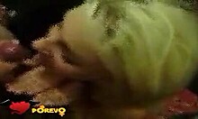 Two Guys Overwhelm Blonde Slut with Blowjobs and Facial Cumshots