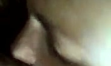 girlfriend gobbles boyfriends big balls in pov blowjob. brunette amateur couple in homemade oral fun.