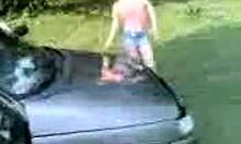 I'm an amatuer redhead posin on the car in my miniskirt, teasin outdoors.