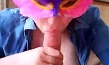 Masked mature woman sucks big cock