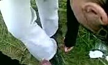 Girlfriend sucks boyfriend's thick dick outdoors in nature