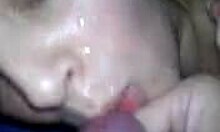 My short-haired brunette girlfriend sucking my cock in close-up