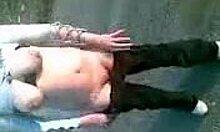 Hottie subtly flashes her big tits and sucks outdoors in this amateur clip.