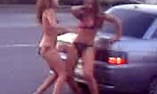 Sexy Russian Babes Dancing Wild by the Lada Car