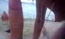 horny girlfriend blows hard cock on the beach with ball licking