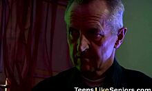 Skinny blonde teen 18+ SUCKS old guy's STIFF BONER in dad and girl oral scene