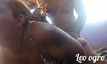 Fifty-year-old man meets chubby woman Arianny Koda outdoors for a casual encounter.