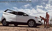 Butt naked on the side of the road risky sex with a hot blonde.