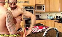 Muscular gay buddies share handjob and blowjob with food play