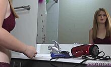 Teen bi girl gives first blowjob to obsessed stepbrother.